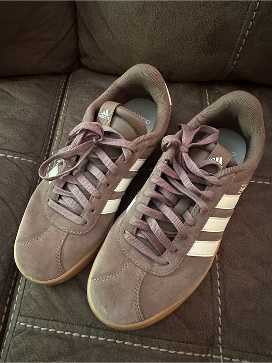 adidas Shoes - adidas Mauve Suede Sneakers with White Stripes
